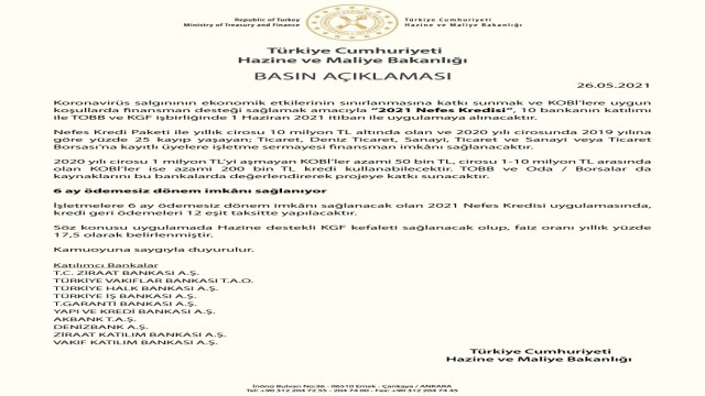 ‘2021Nefes Kredisi 1 Haziran tarihi itibarı ile uygulamaya alınacak
