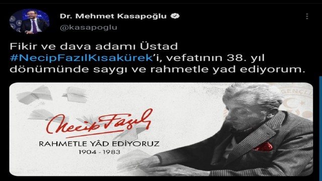 Bakan Kasapoğlu, merhum şair Necip Fazıl Kısaküreki andı