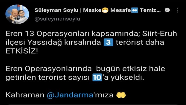 Bakan Soylu: “Eren Operasyonlarında bugün etkisiz hale getirilen terörist sayısı 10a yükseldi”