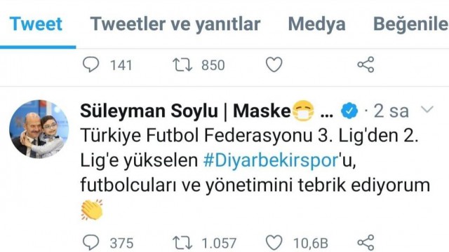Bakan Soylu şampiyon Diyarbekirsporu tebrik etti