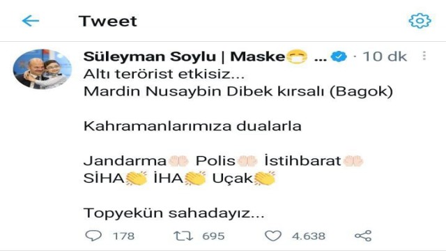 Bakan Soylu sosyal medya hesabından duyurdu: Mardinde 6 terörist etkisiz hale getirildi