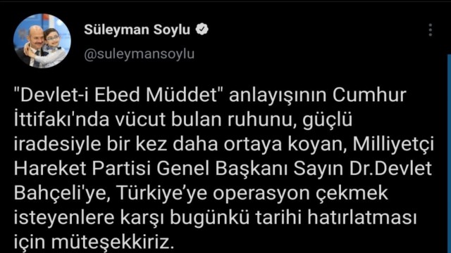 Bakan Soyludan Devlet Bahçeliye teşekkür