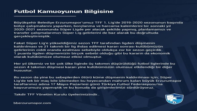 BB Erzurumspor küme düşmenin kaldırılması için TFFye başvuruda bulundu