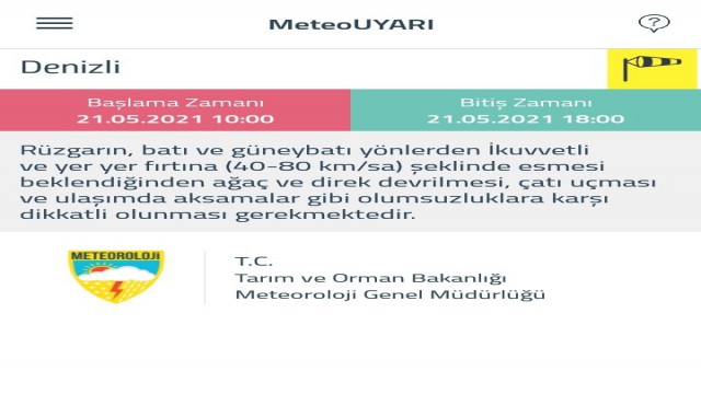 Denizli için kuvvetli rüzgar ve fırtına uyarısı