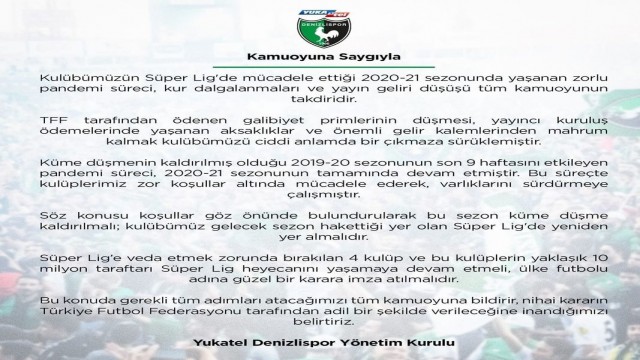 Denizlispordan küme düşme bu sezon kaldırılsın talebi