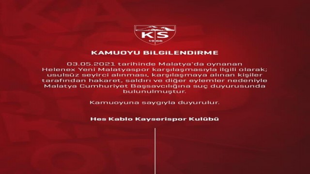 Kayserispor usulsüz seyirci için Cumhuriyet Başsavcılığına başvurdu