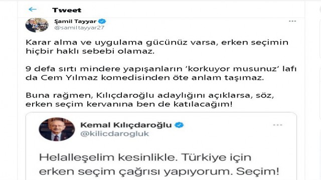 Milletvekili Tayyardan erken seçim çağrısına şartlı destek