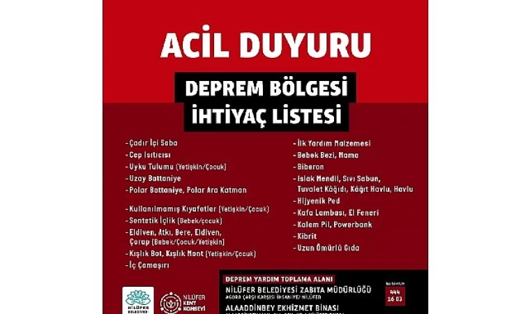 Nilüfer Belediyesi deprem bölgesi için yardım kampanyası başlattı