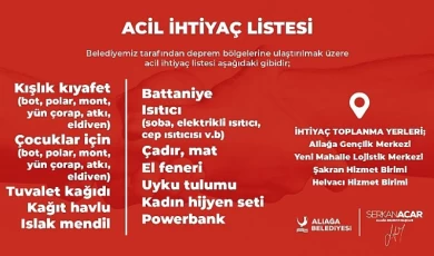 Aliağa Belediyesi’nden Deprem Bölgesi İçin Yardım Kampanyası
